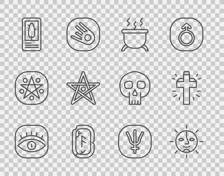 Set line Masons, Sun, Witch cauldron, Magic runes, Tarot cards, Pentagram Stock Illustration