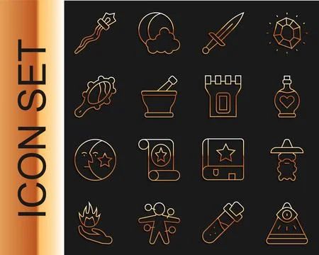 Set line Masons, Wizard warlock, Bottle with love potion, Dagger, Mortar and Stock Illustration