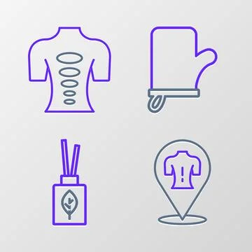 Set line Massage, Aroma diffuser, Sauna mittens and stone therapy icon. Vector Stock Illustration