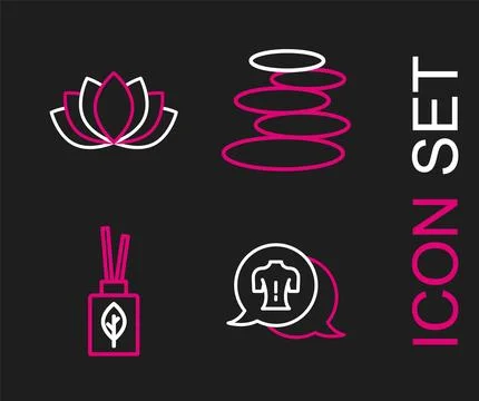 Set line Massage, Aroma diffuser, Stack hot stones and Lotus flower icon. V.. Stock Illustration
