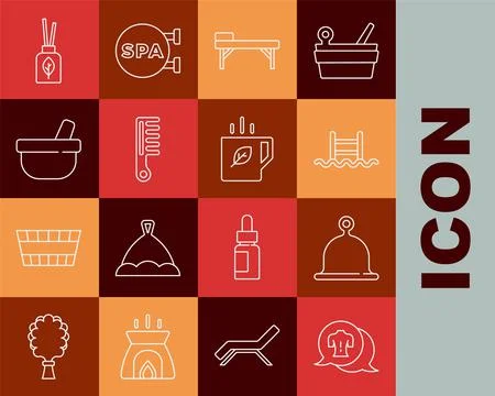 Set line Massage, Sauna hat, Swimming pool with ladder, table, Hairbrush, Mor 库存插图
