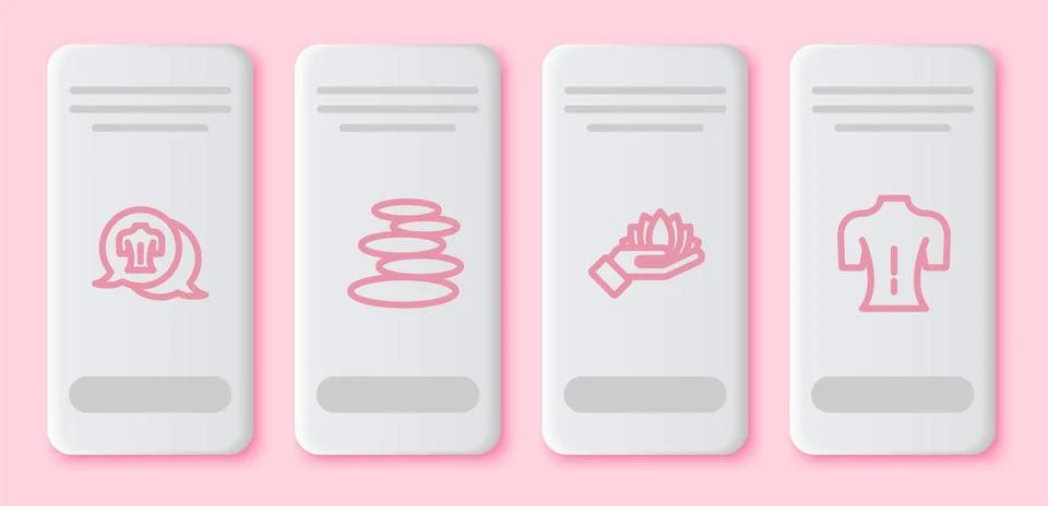 Set line Massage, Stack hot stones, Lotus flower and . White rectangle button Stock Illustration