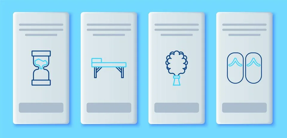 Set line Massage table, Sauna broom, Old hourglass and Flip flops icon. Vector Stock Illustration