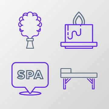 Set line Massage table, Spa salon, Aroma candle and Sauna broom icon. Vector Stock Illustration
