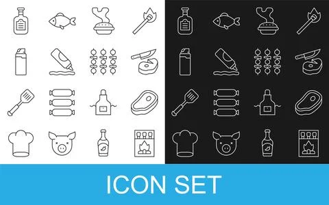 Set line Matchbox and matches, Steak meat, knife, Homemade pie, Ketchup bot.. Stock Illustration