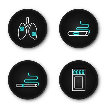 Set line Matchbox and matches, Cigarette,  and Disease lungs icon. Vector Stock Illustration