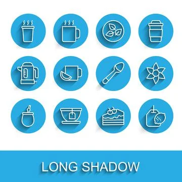 Set line Mate tea, Cup with bag, of, Piece cake, Tea lemon, Flower and Teaspoon Illustration