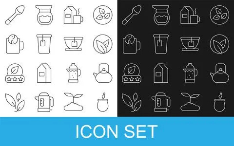 Set line Mate tea, Kettle with handle, Tea leaf, Cup of milk, bag, time Illustration