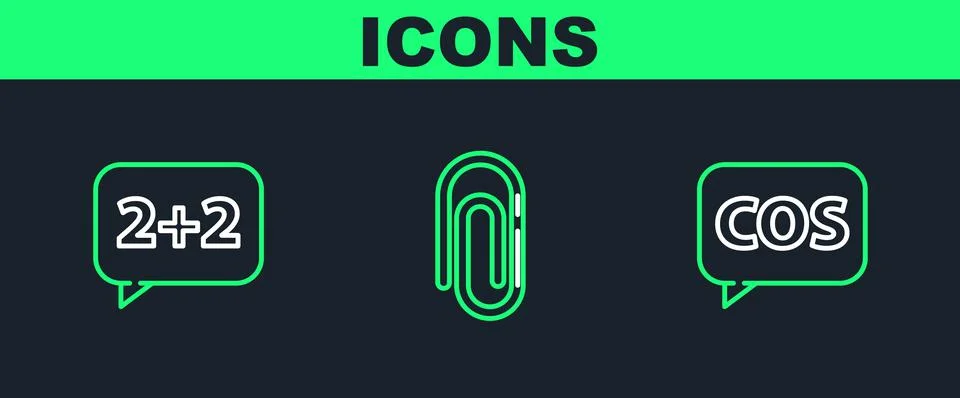 Set line Mathematics function cosine, Equation solution and Paper clip icon Stock Illustration