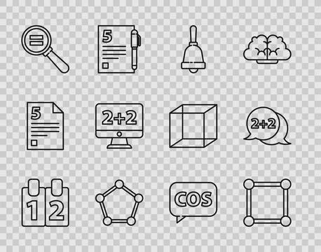 Set line Mathematics function cosine, Chalkboard with diagram, Test or exam.. Illustrazione stock