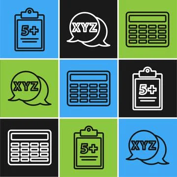 Set line Mathematics function sine, Chalkboard and Calculator icon. Vector Stock Illustration