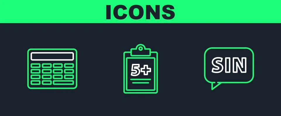 Set line Mathematics function sine, Calculator and Test exam sheet icon. Vect Stock Illustration