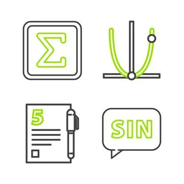 Set line Mathematics function sine, Test or exam sheet and pen, Graph, sche.. Stock Illustration