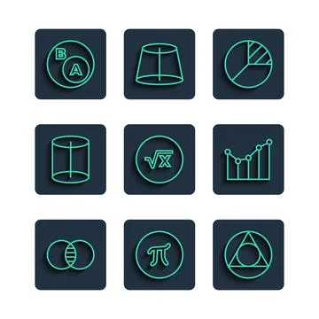 Set line Mathematics sets A and B, Pi symbol, Triangle math, Pie chart info.. Stock Illustration