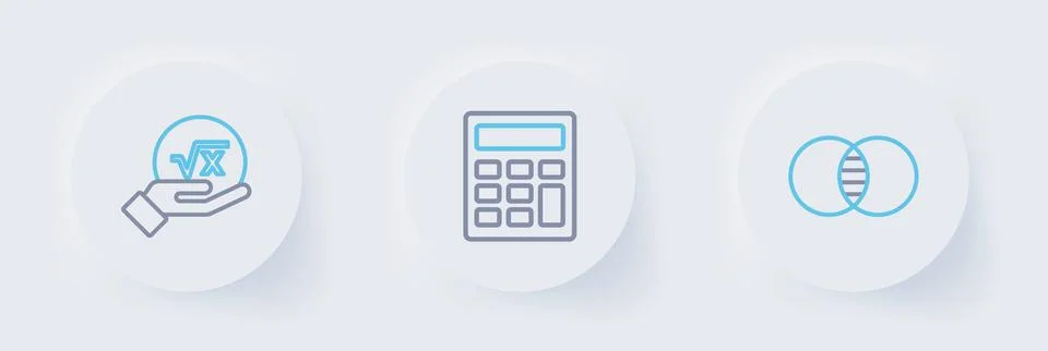 Set line Mathematics sets A and B, Calculator and Square root of x glyph ic.. Stock Illustration