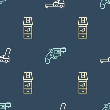 Set line Mauser gun, Pepper spray and Small revolver on seamless pattern. Vector Stock Illustration