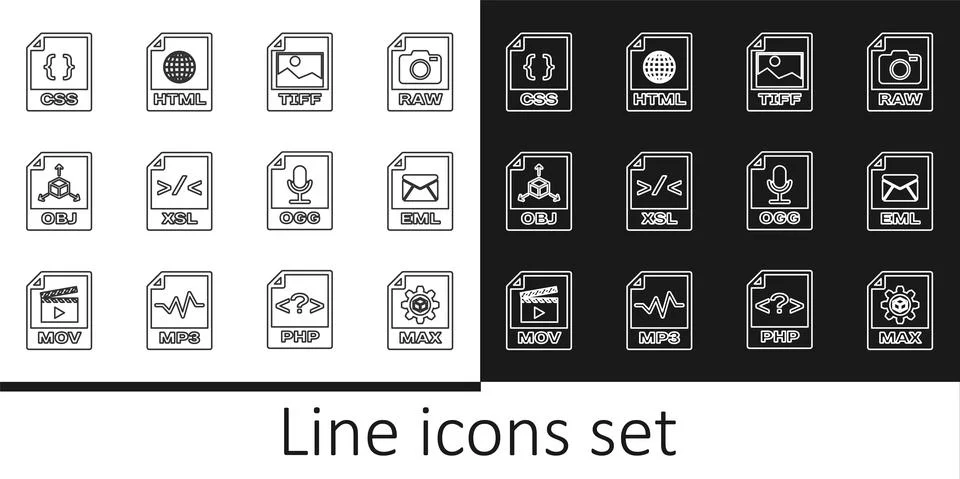 Set line MAX file document, EML, TIFF, XSL, OBJ, CSS, OGG and HTML icon. Vector Stock Illustration