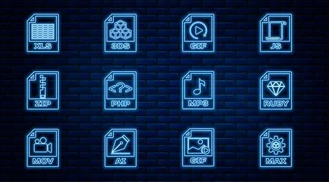 Set line MAX file document, RUBY, GIF, PHP, ZIP, XLS, MP3 and 3DS icon. Vector Stock Illustration