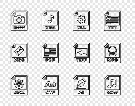 Set line MAX file document, WAV, DLL, OTF, RAW, PDF, AI and MP3 icon. Vector Stock Illustration