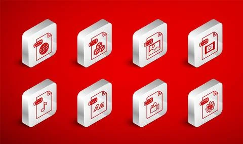Set line MAX file document, 3DS, TIFF, MP4, MOV, HTML, OTF and MP3 icon. Vect Stock Illustration