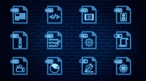 Set line MAX file document, JS, MP4, M3U, ZIP, PDF, DLL and HTML icon. Vector Stock Illustration