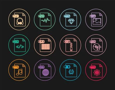 Set line MAX file document, MP3, RUBY, XLS, HTML, ZIP and  icon. Vector イラスト素材
