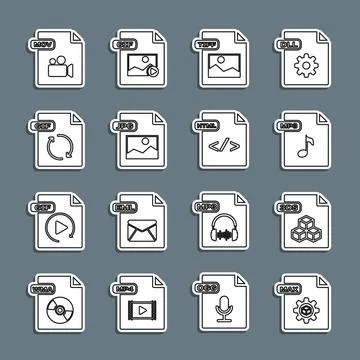 Set line MAX file document, 3DS, MP3, TIFF, JPG, GIF, MOV and HTML icon. Vect Stock Illustration