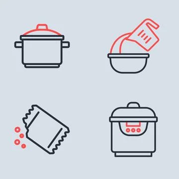 Set line Measuring cup and bowl, Packet of pepper, Slow cooker and Cooking .. Stock-Illustration