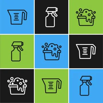 Set line Measuring cup, Basin with soap suds and Water spray bottle icon. V.. Illustrazione stock