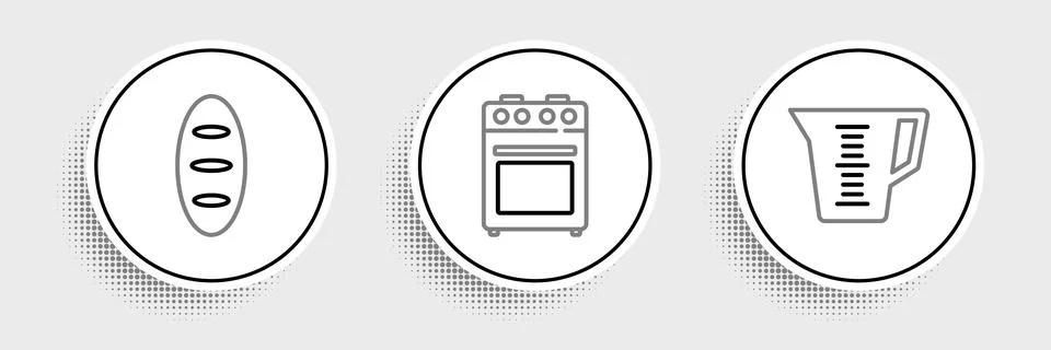 Set line Measuring cup, Bread loaf and Oven icon. Vector Stock Illustration