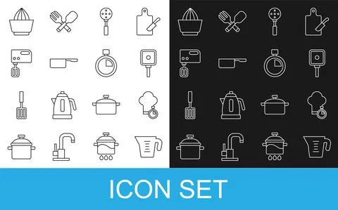 Set line Measuring cup, Chef hat, Frying pan, Spatula, Saucepan, Electric mixer Stock Illustration