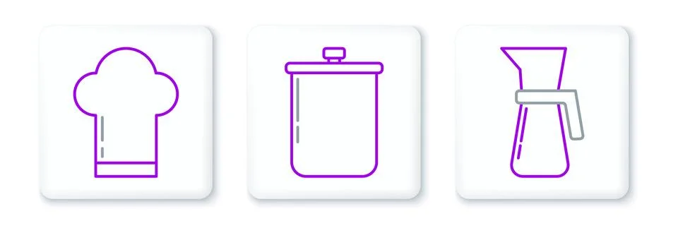 Set line Measuring cup, Chef hat and Cooking pot icon. Vector Stock Illustration