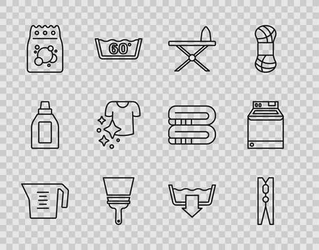 Set line Measuring cup, Clothes pin, Iron and ironing board, Rubber cleaner for Stock Illustration