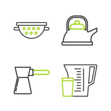 Set line Measuring cup, Coffee turk, Kettle with handle and Kitchen colander Illustration