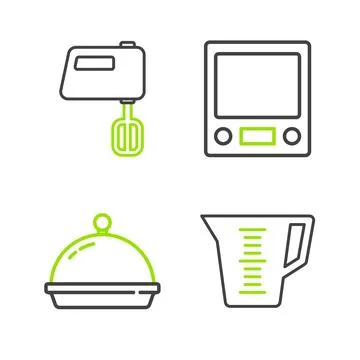 Set line Measuring cup, Covered with tray of food, Electronic scales and Stock Illustration