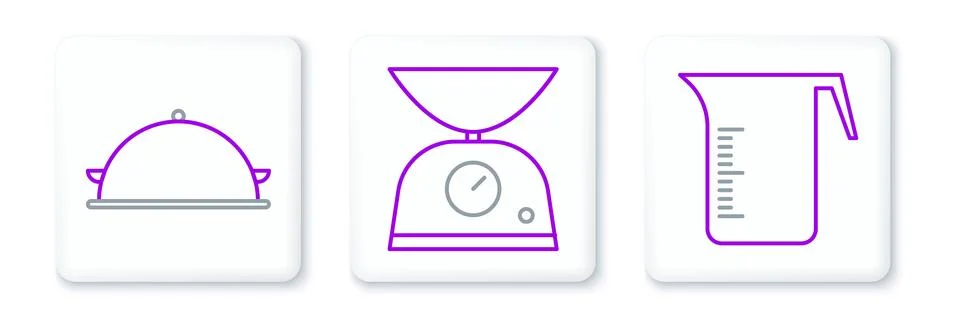 Set line Measuring cup, Covered with tray of food and Scales icon. Vector Stock Illustration