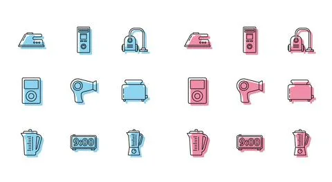 Set line Measuring cup, Digital alarm clock, Electric iron, Blender, Hair dryer Illustrazione stock