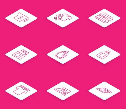 Set line Measuring cup, Drying clothes, Towel stack, Laundry detergent, Bottle Stockillustratie