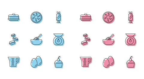 Set line Measuring cup, Easter eggs, Cake, Kitchen whisk and bowl, Scales, Ma Stock Illustration