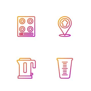 Set line Measuring cup, Electric kettle, Gas stove and Chef hat with location Stock Illustration