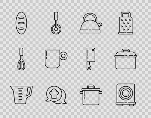 Set line Measuring cup, Electric stove, Kettle with handle, Chef hat speech Stock Illustration