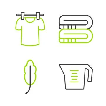 Set line Measuring cup, Feather, Towel stack and Drying clothes icon. Vector Stock Illustration