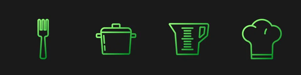 Set line Measuring cup, Fork, Cooking pot and Chef hat. Gradient color icons Stock Illustration