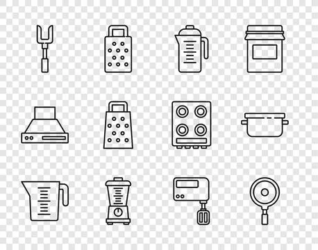 Set line Measuring cup, Frying pan, Teapot, Blender, Barbecue fork, Grater,.. Stock Illustration