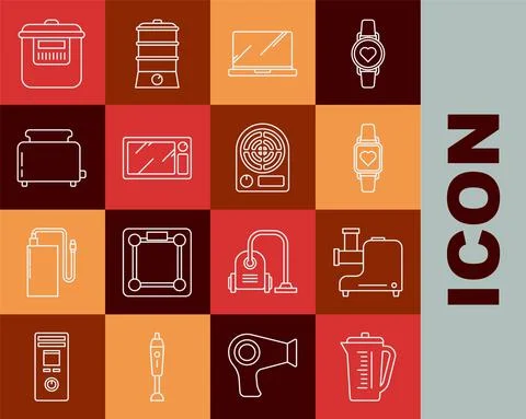 Set line Measuring cup, Kitchen meat grinder, Smart watch showing heart beat Stock Illustration