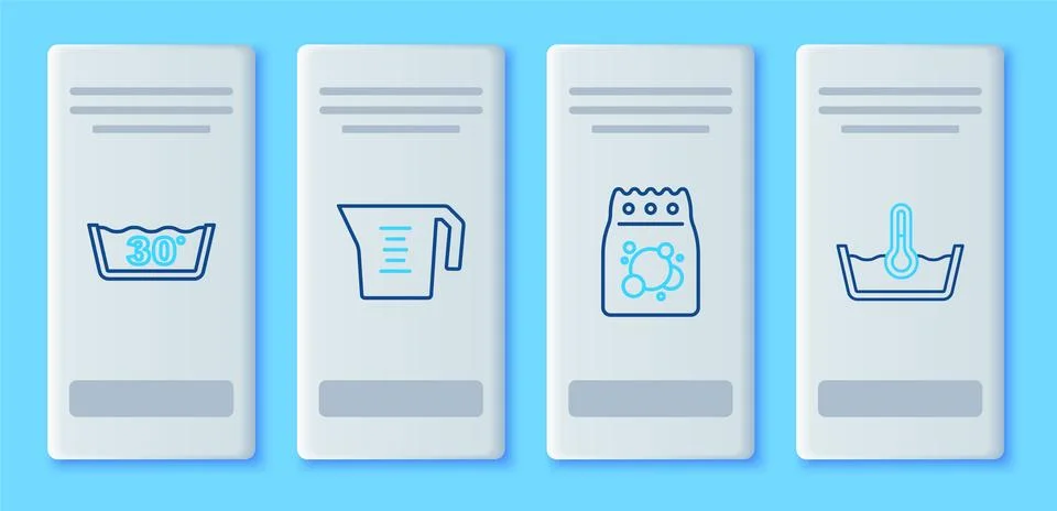 Set line Measuring cup, Laundry detergent, Temperature wash and  icon. Vector Stock Illustration