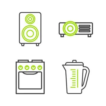 Set line Measuring cup, Oven,  and Stereo speaker icon. Vector Stock Illustration