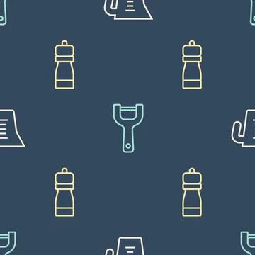 Set line Measuring cup, Pepper and Vegetable peeler on seamless pattern. Vector 스톡 일러스트