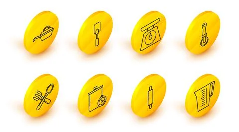 Set line Measuring cup, Rolling pin, Cooking pot and kitchen timer, Crossed fork Stock Illustration