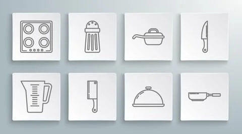 Set line Measuring cup, Salt, Meat chopper, Covered with tray of food, Fryi.. Stock Illustration